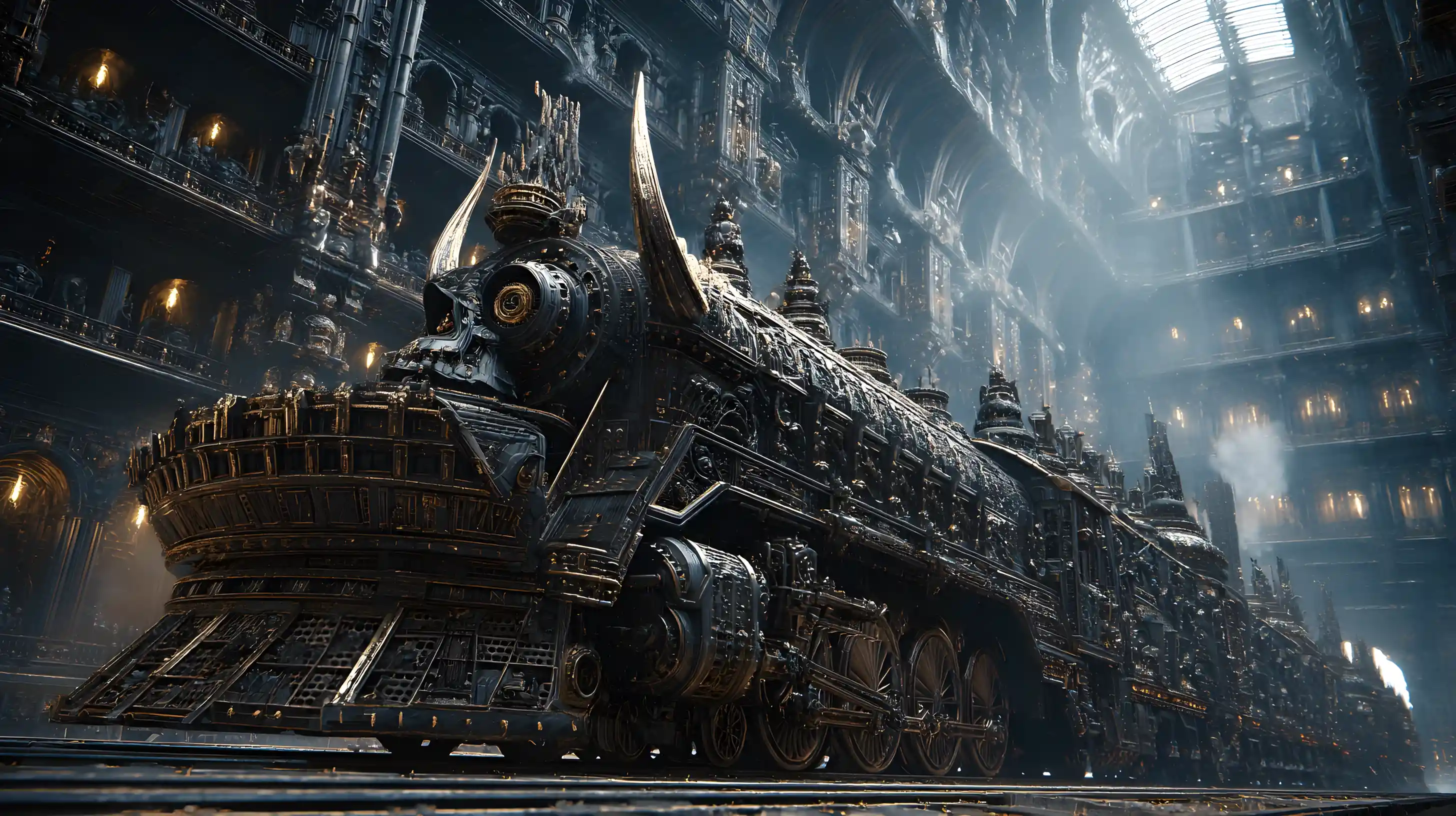 Gothic skull train inside a vast dark cathedral