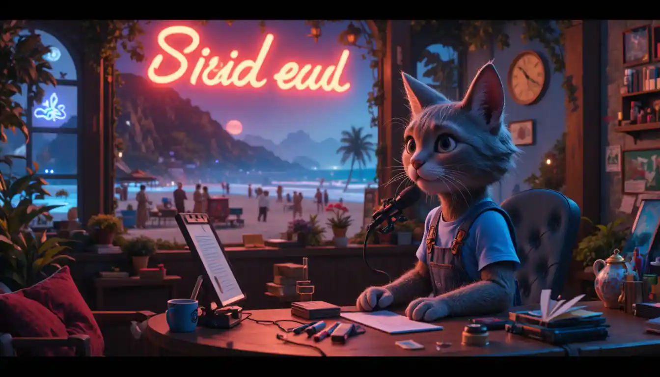 Cute cartoon cat doing ASMR at a cozy desk at night