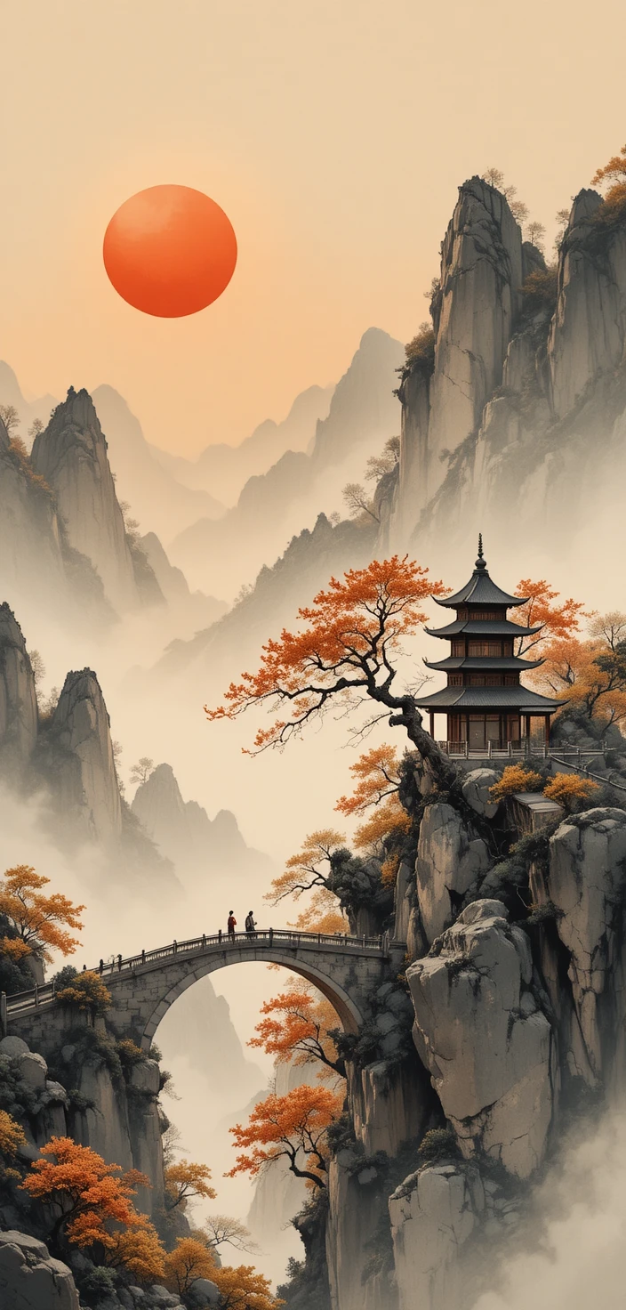 Ink wash mountain landscape with bridge and cliff pavilion
