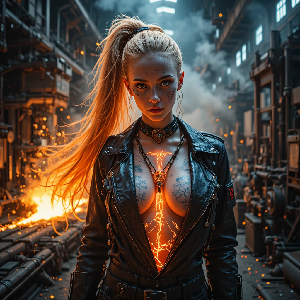 Surreal portrait of a cybernetic woman in a steel factory