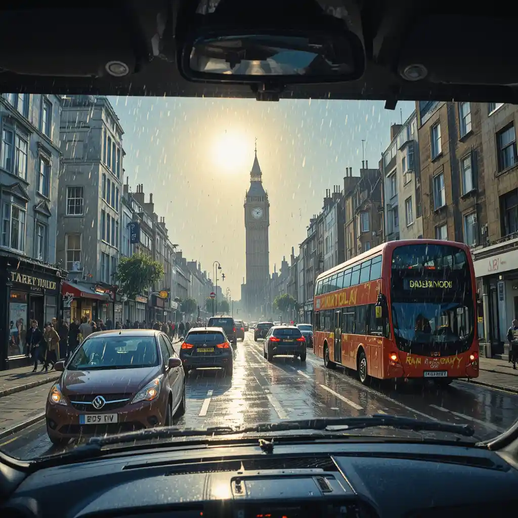 Sunlit Tuesday city traffic moving along busy street