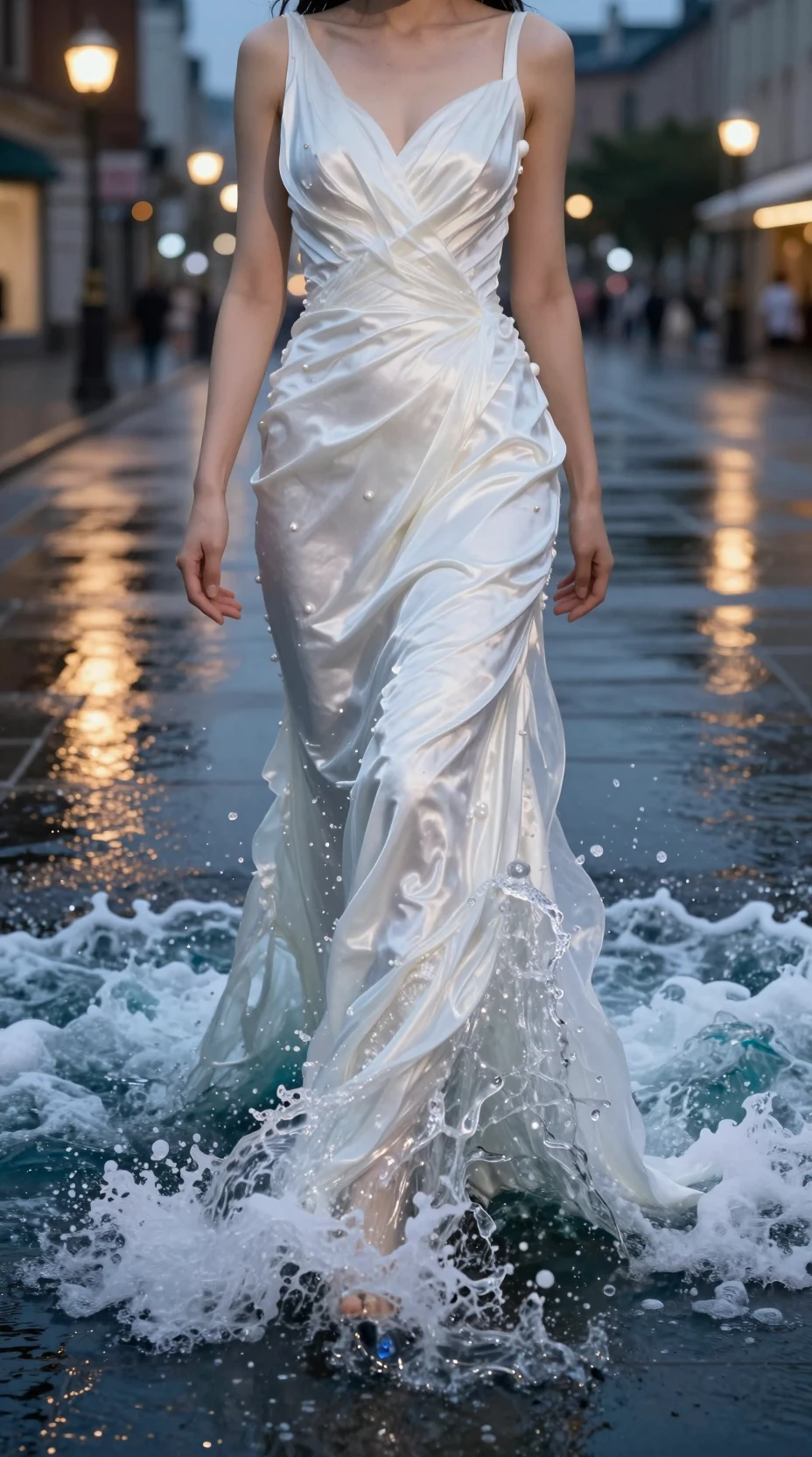 Woman in flowing ocean wave dress at twilight city square