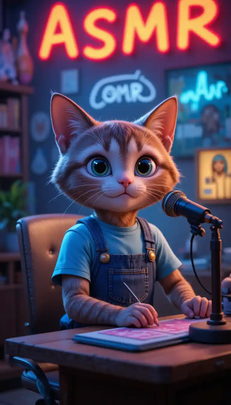 Cute clay cat doing ASMR at a cozy bedroom desk