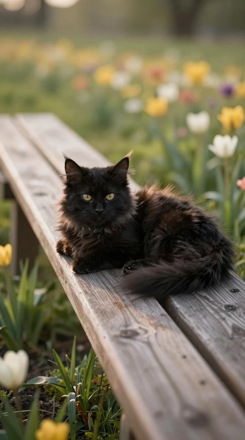 Black kitten resting on a wooden bench in spring flowers