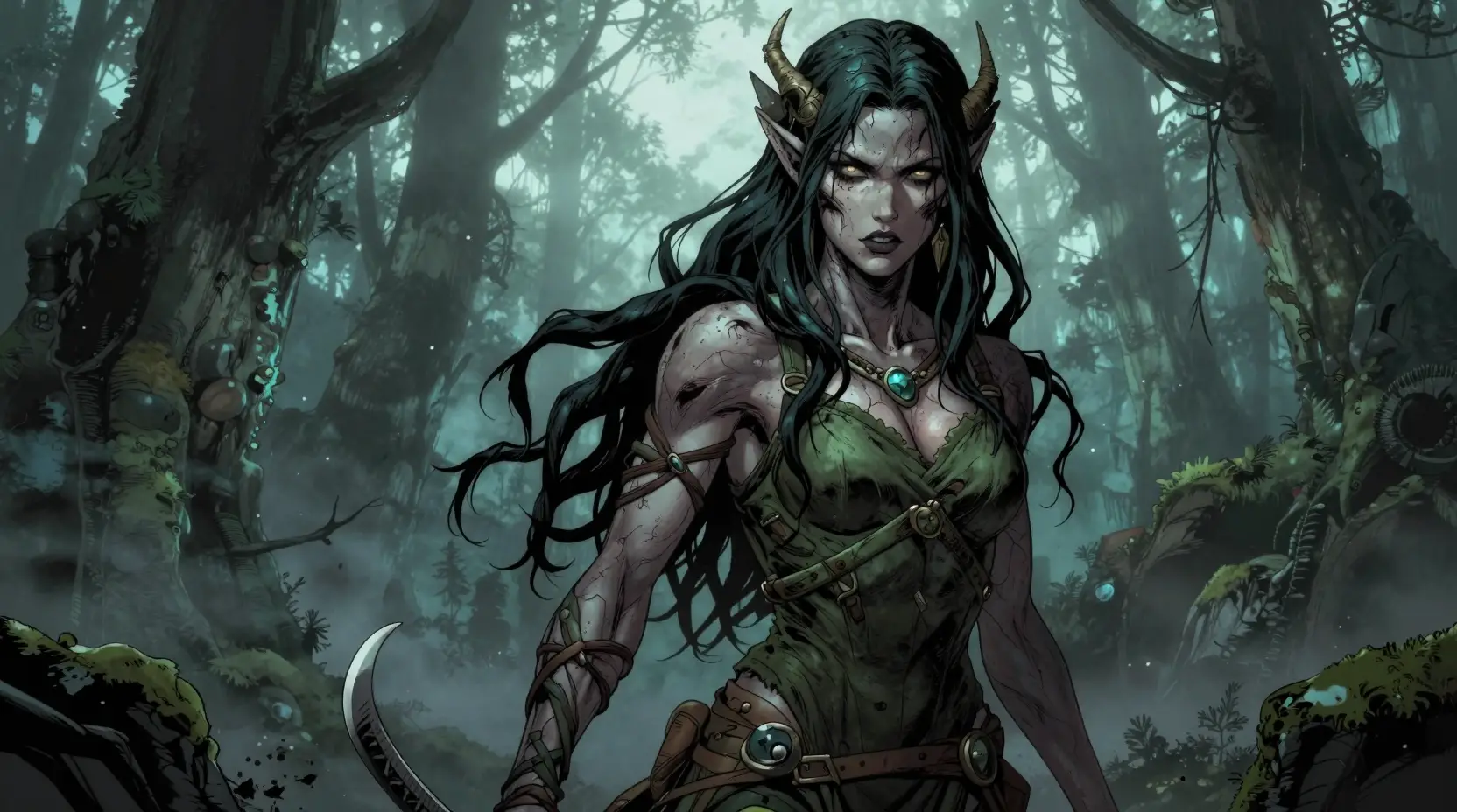 Corrupted female druid emerging from a misty dark forest