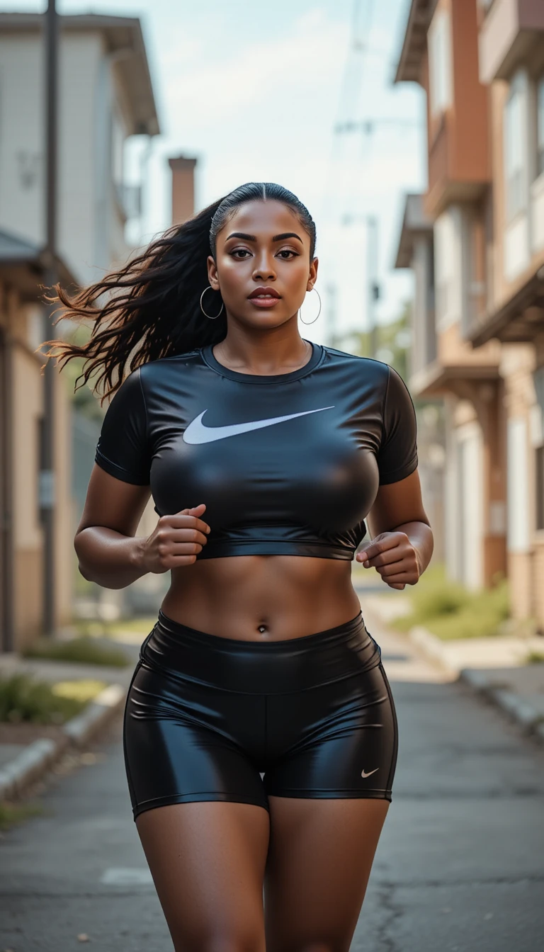 Curvy woman jogging in shiny sportswear on urban street
