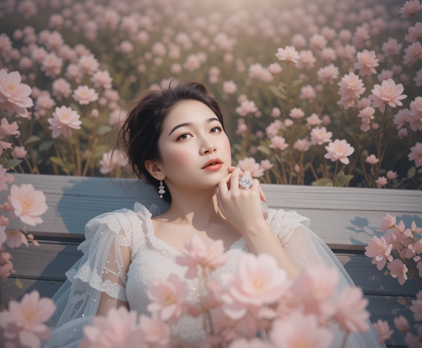 Woman resting on a wooden bench in a spring flower field