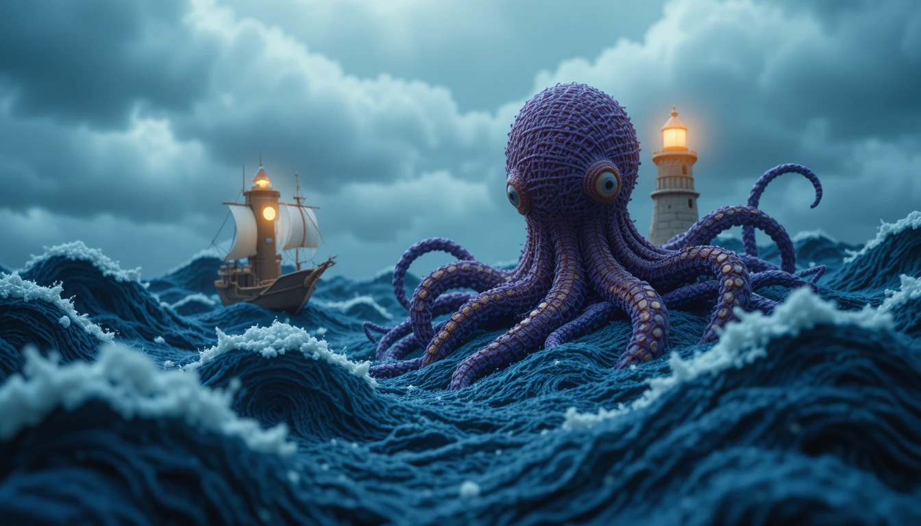 Giant Purple Yarn Octopus Rising From Calm Textile Ocean