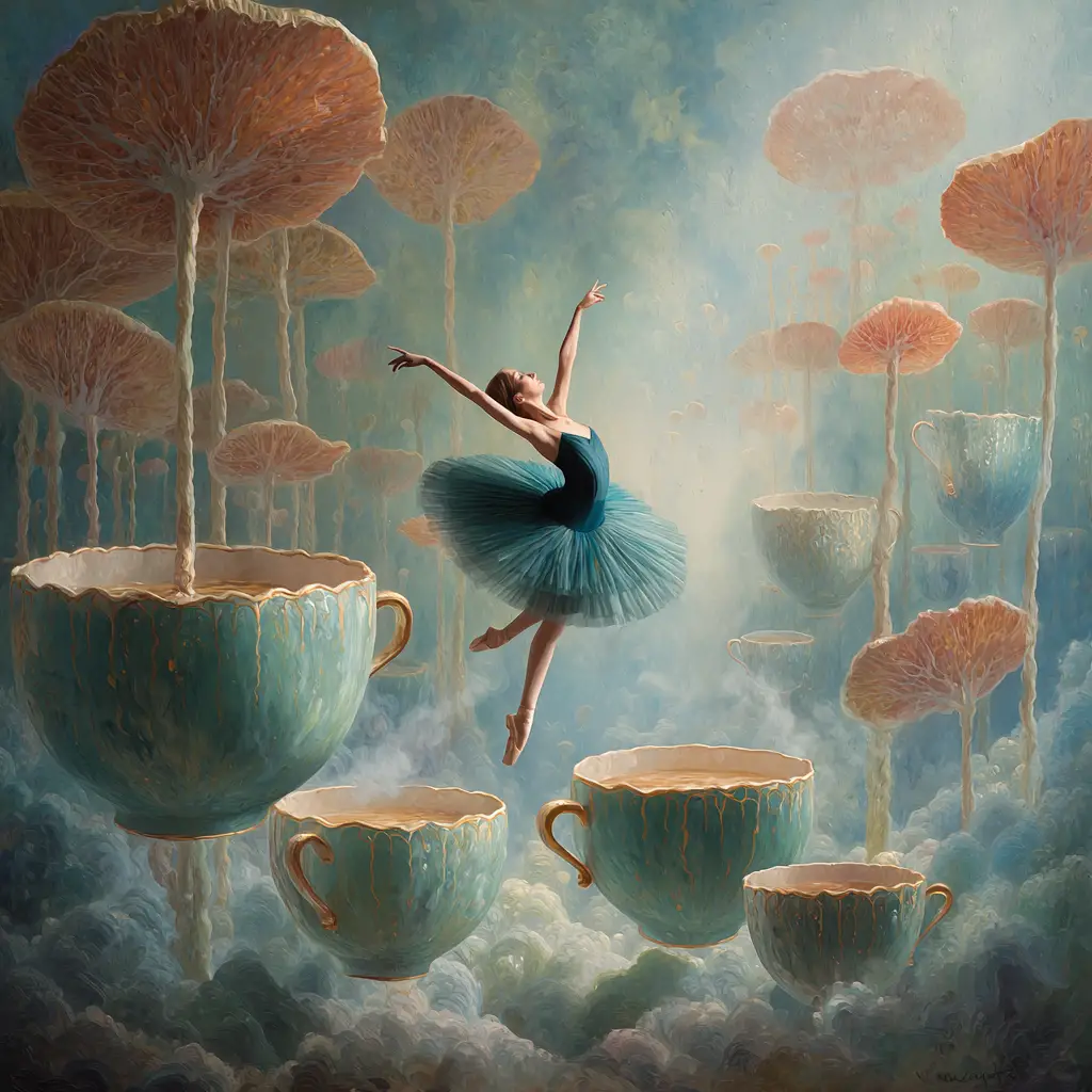 Surreal ballerina dancing above a pastel candy forest