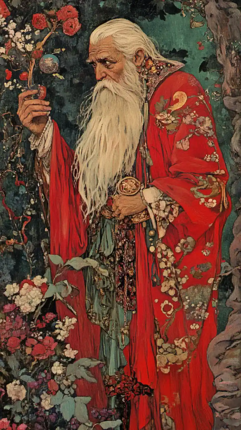 Mythic Russian fairy tale figures in pointillist fantasy scene