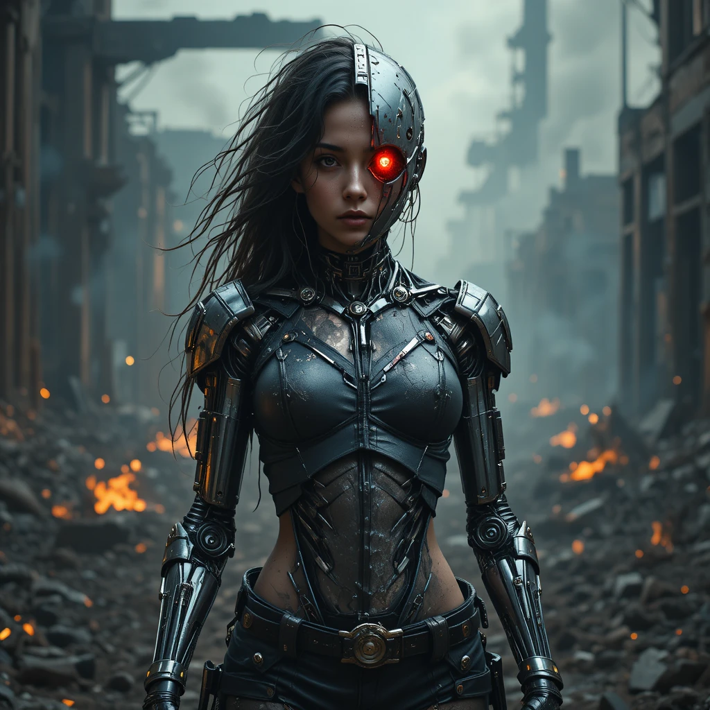 Battle damaged female cyborg in a burning wasteland