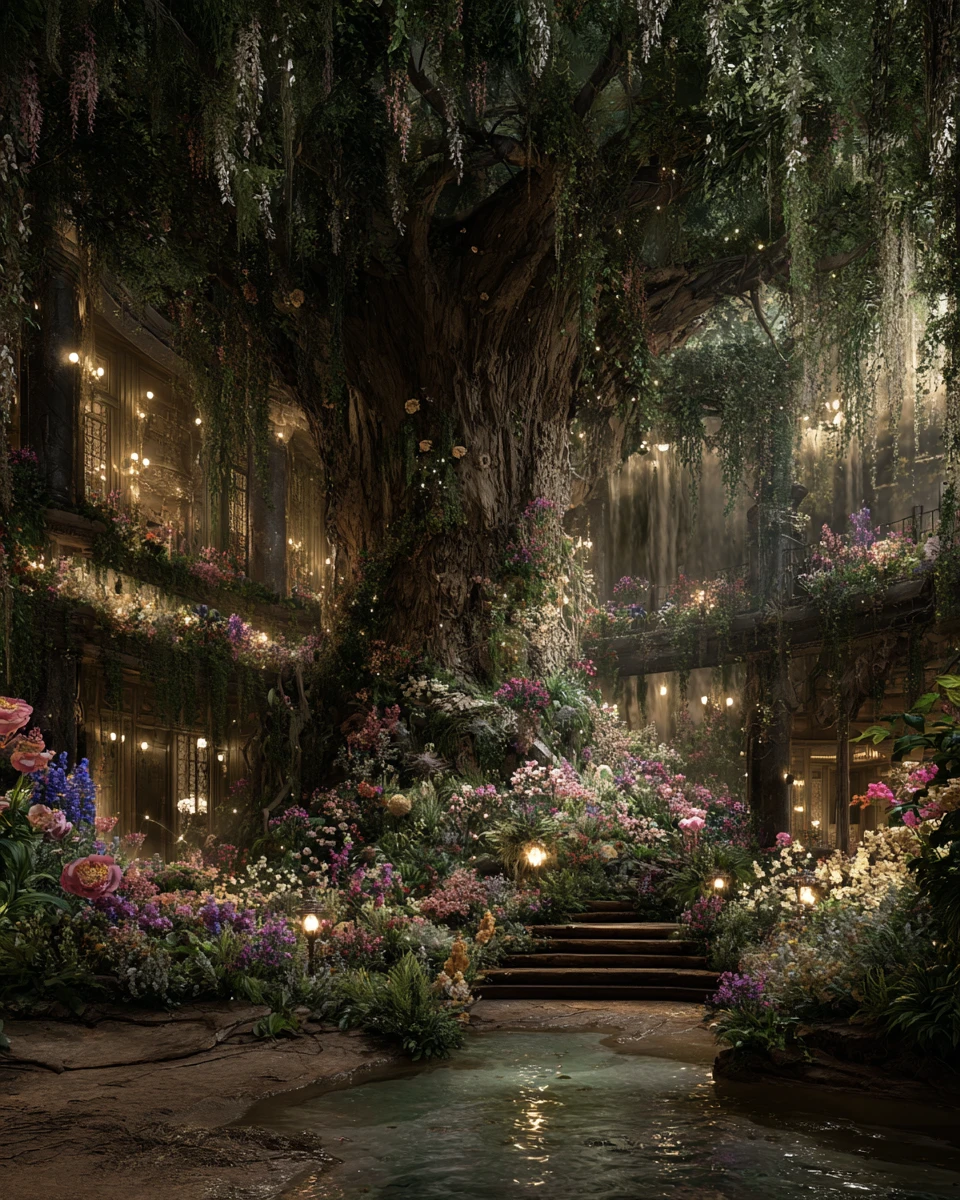 Hidden elven city in a colossal luminous world tree