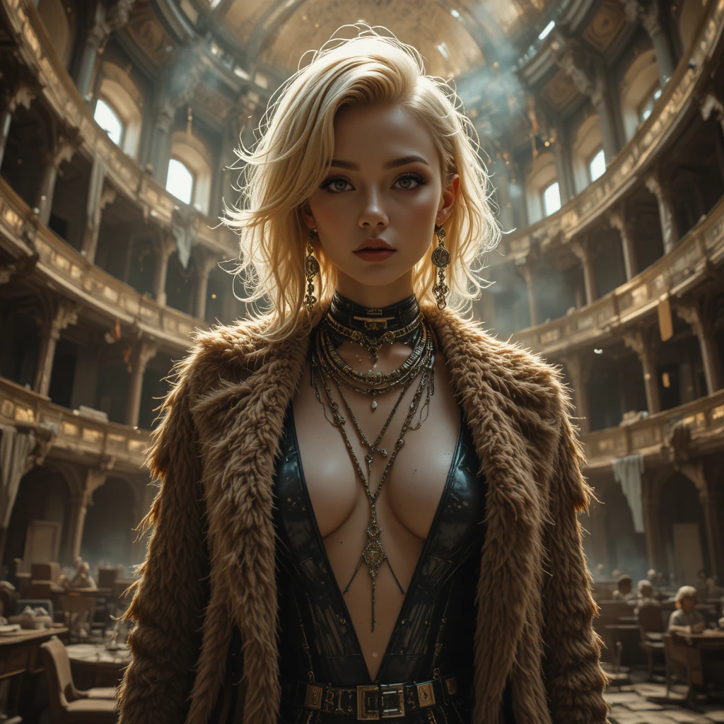 Cyber femme portrait in decaying opera hall with glitch details