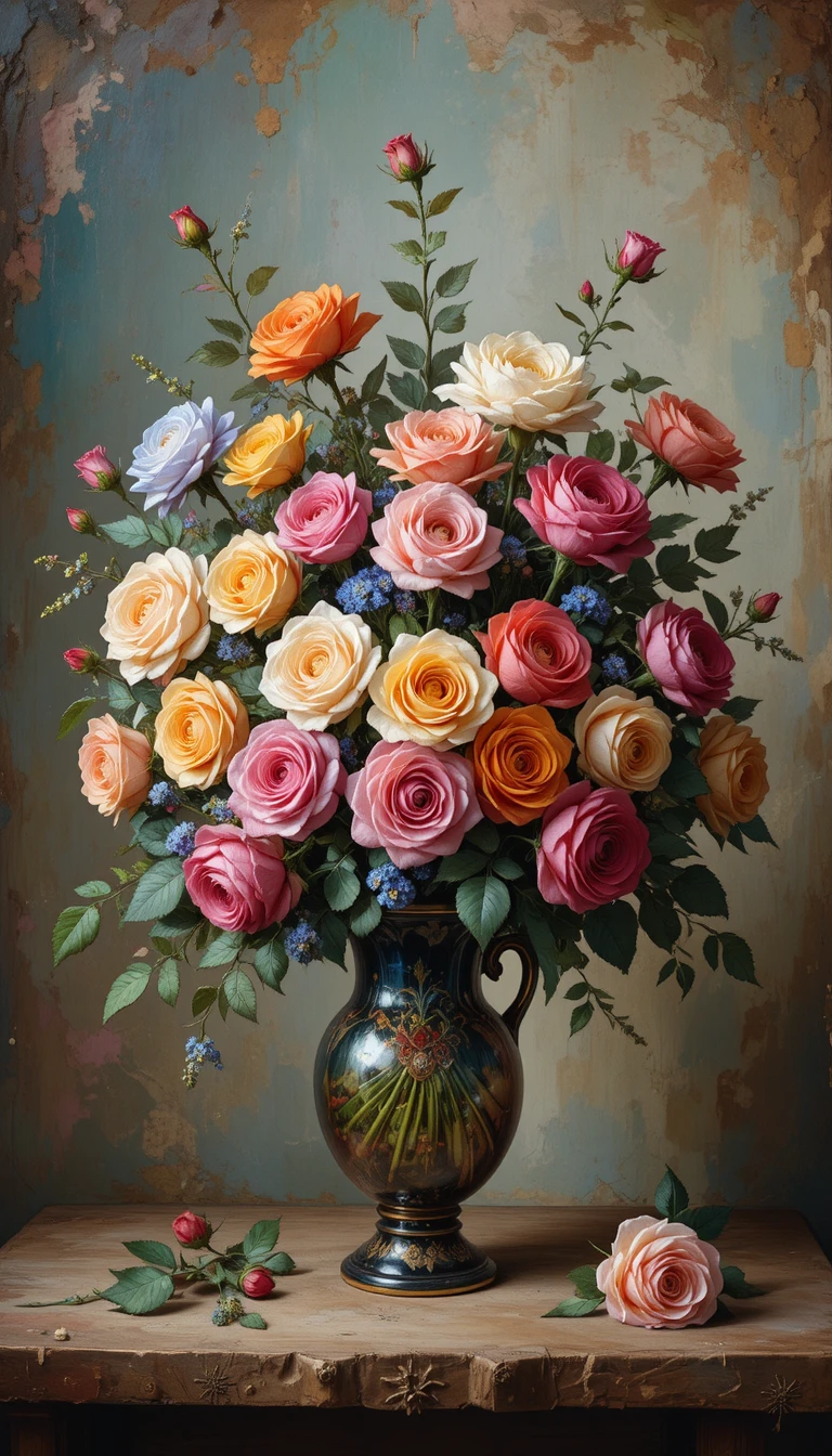 Colorful rose bouquet in vase with vintage impressionist style