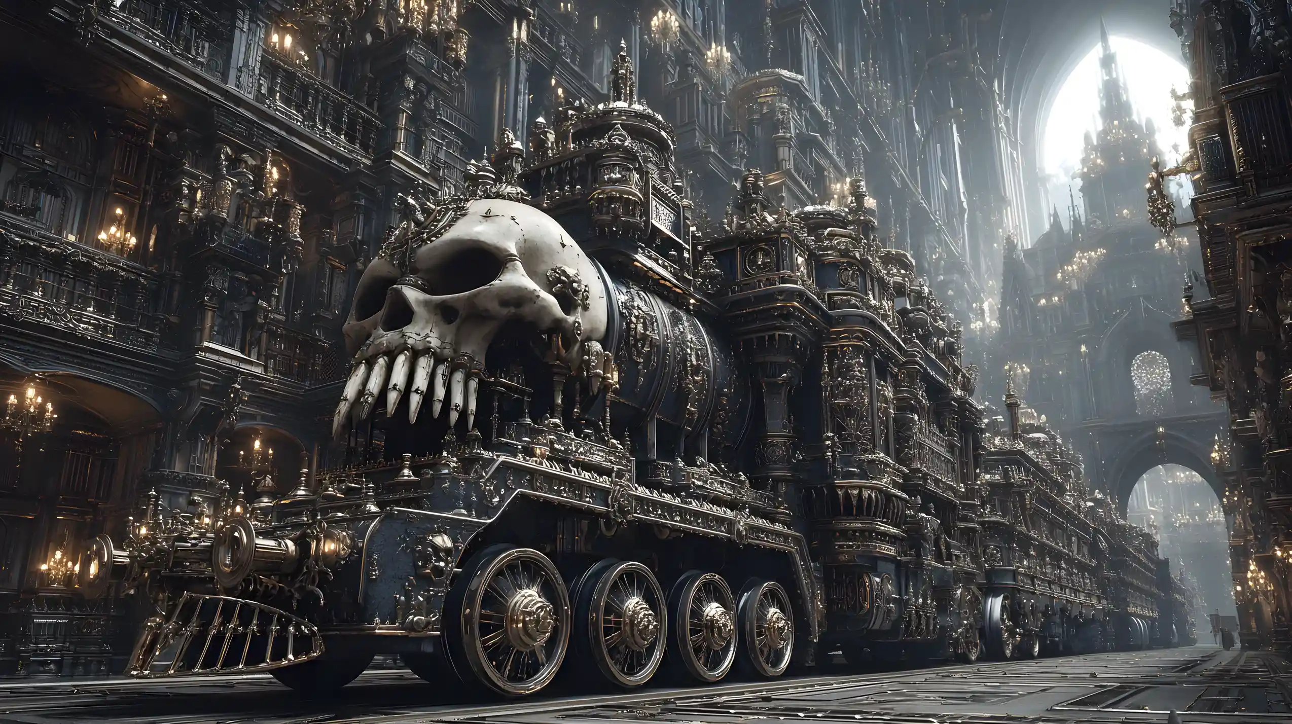 Gothic skull train landship inside a vast dark cathedral