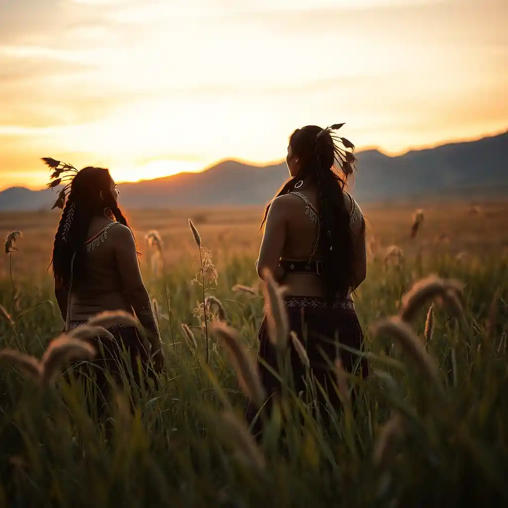 Two Sioux women in tall grass at sunset hills