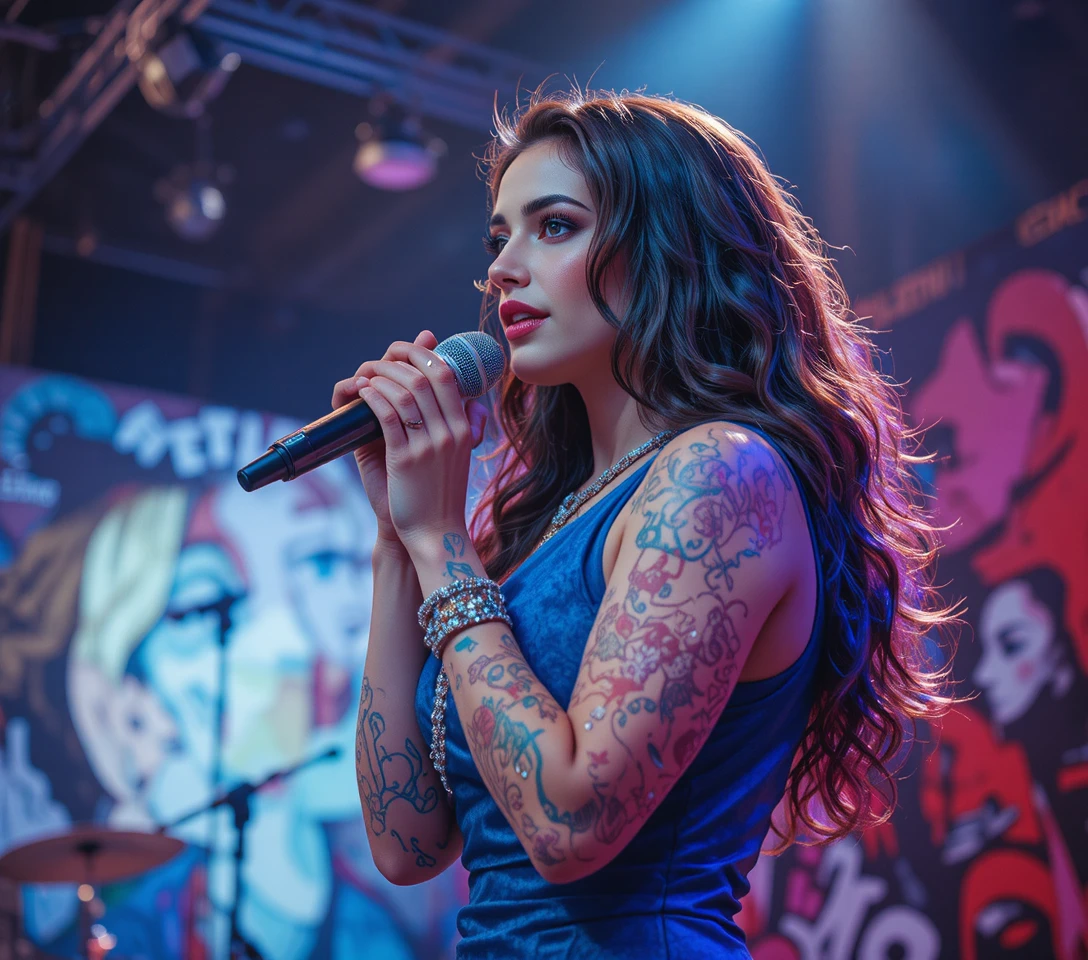 Cantante morena con vestido azul en escenario interior