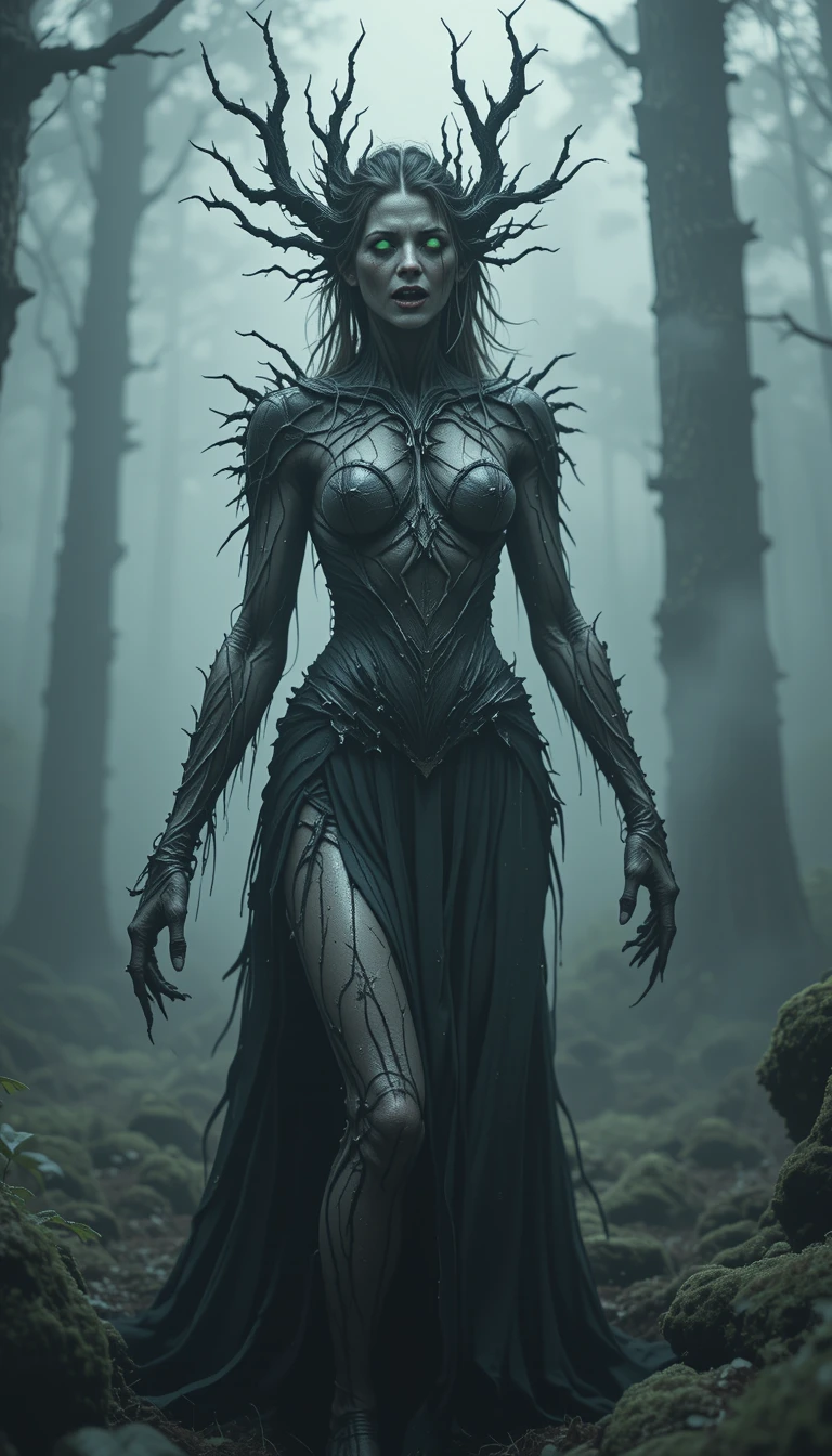 Corrupted female druid emerging from a dark misty forest