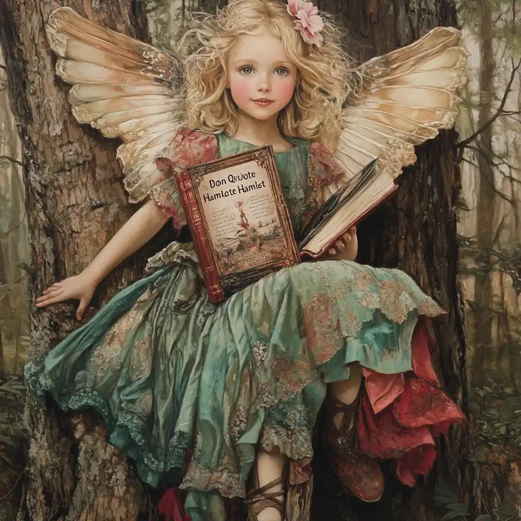 Young girl with spring wings reading in a dark forest
