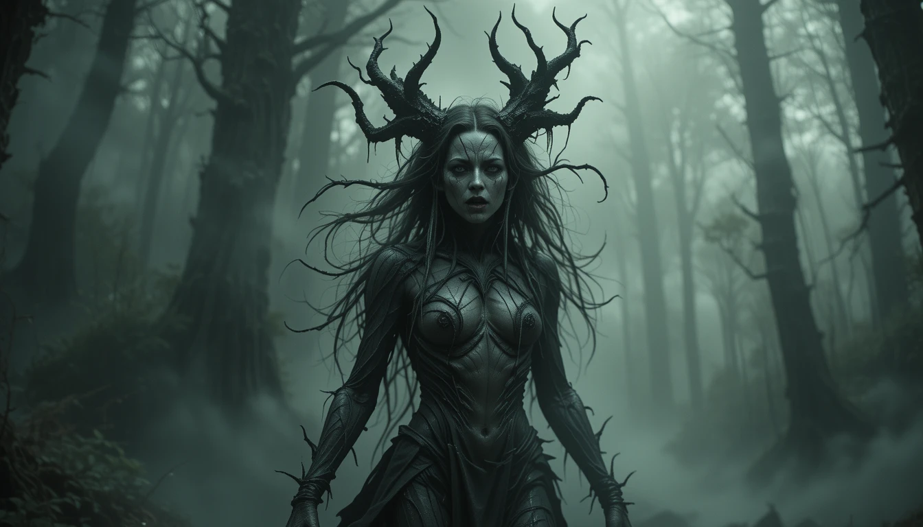 Corrupted female druid emerging from a dark misty forest