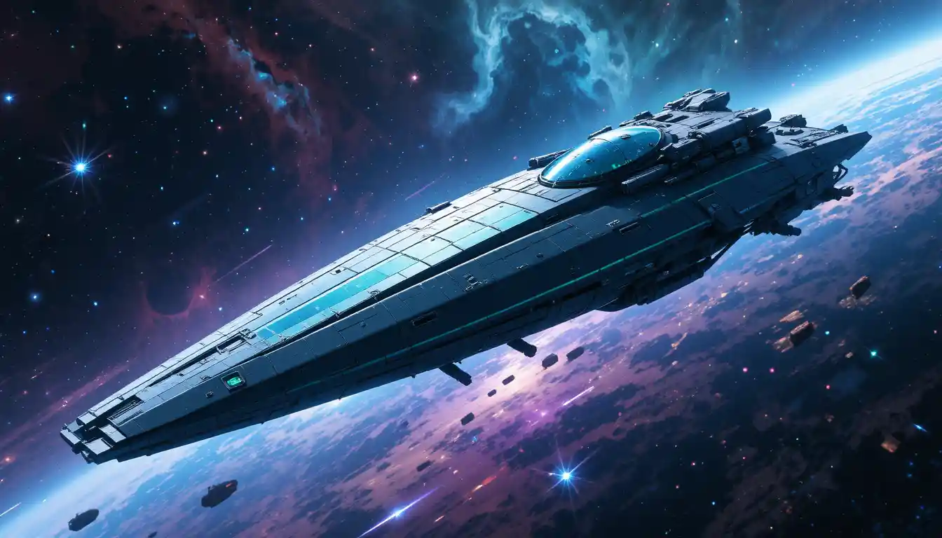 Wedge shaped space carrier flying through colorful nebulas