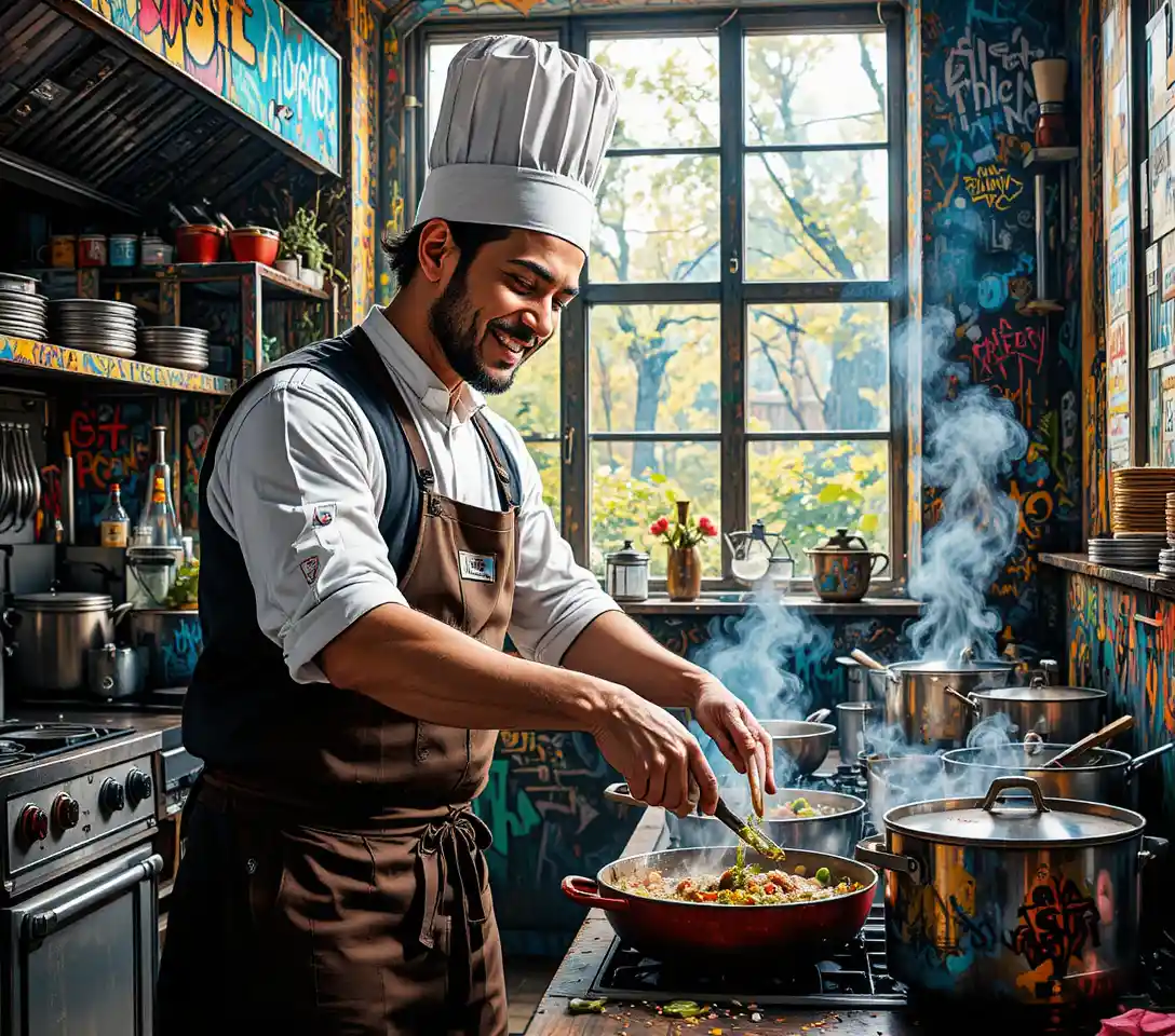 Smiling chef cooking in a professional kitchen with natural light