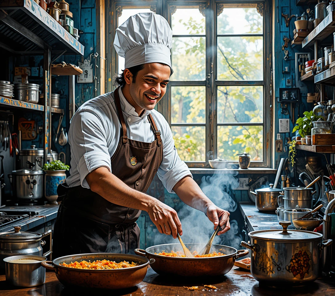 Smiling chef cooking in a professional kitchen interior