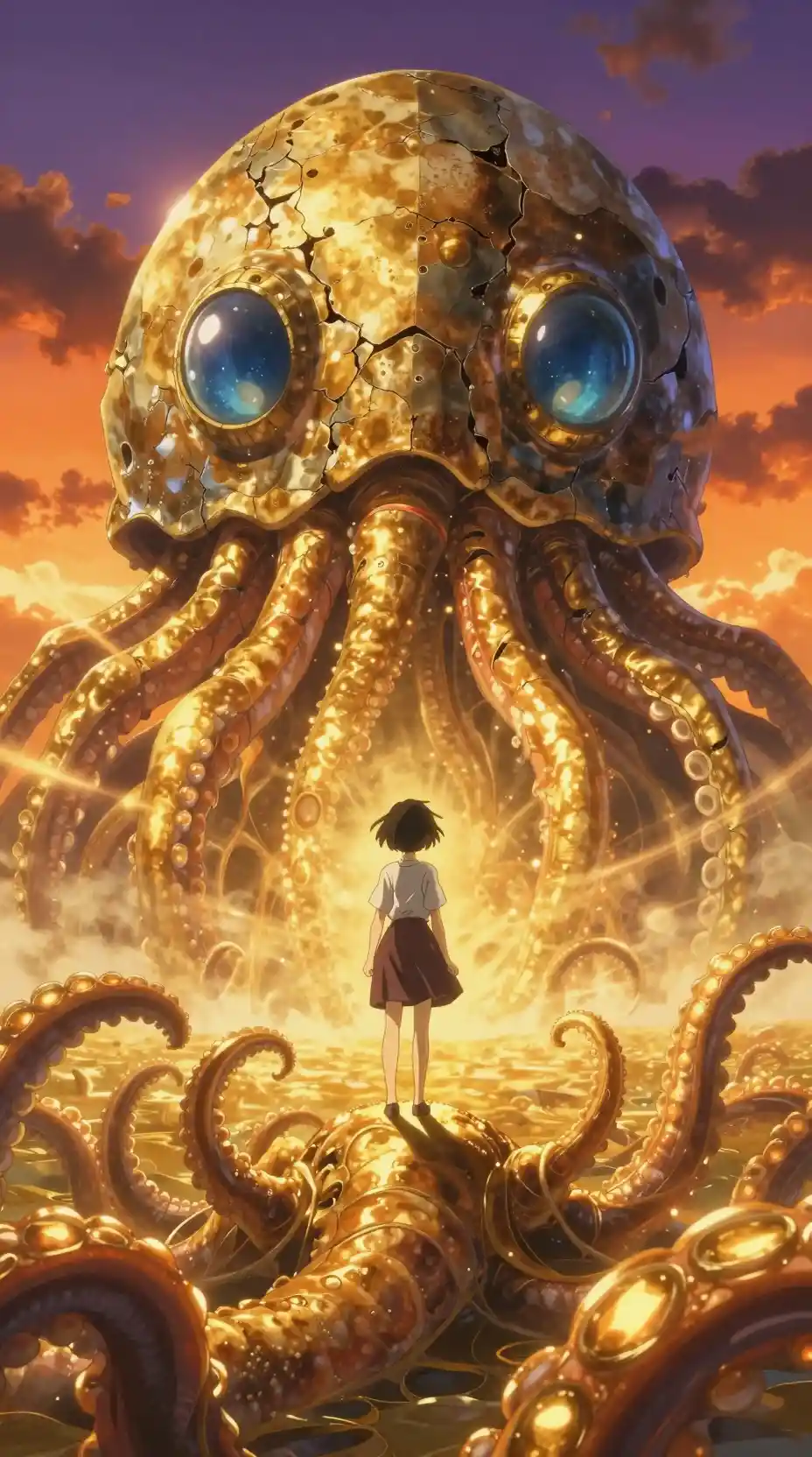 Anime-Mädchen steht bei Sonnenuntergang auf goldenen Tentakeln