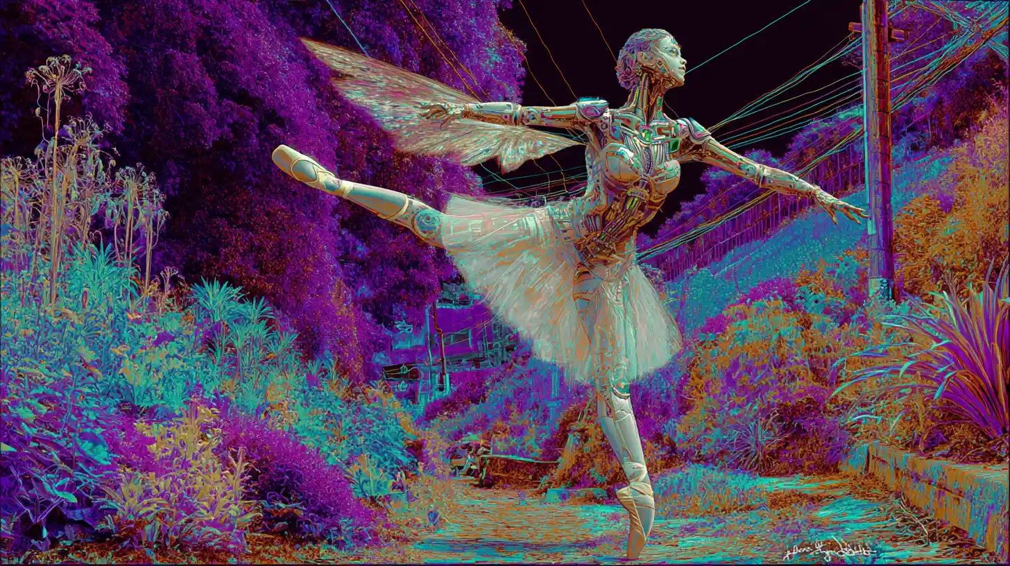 Cybernetic fairy ballerina dancing among surreal colorful plants
