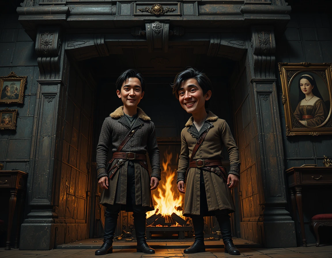 Two men standing inside a grand stone fireplace interior