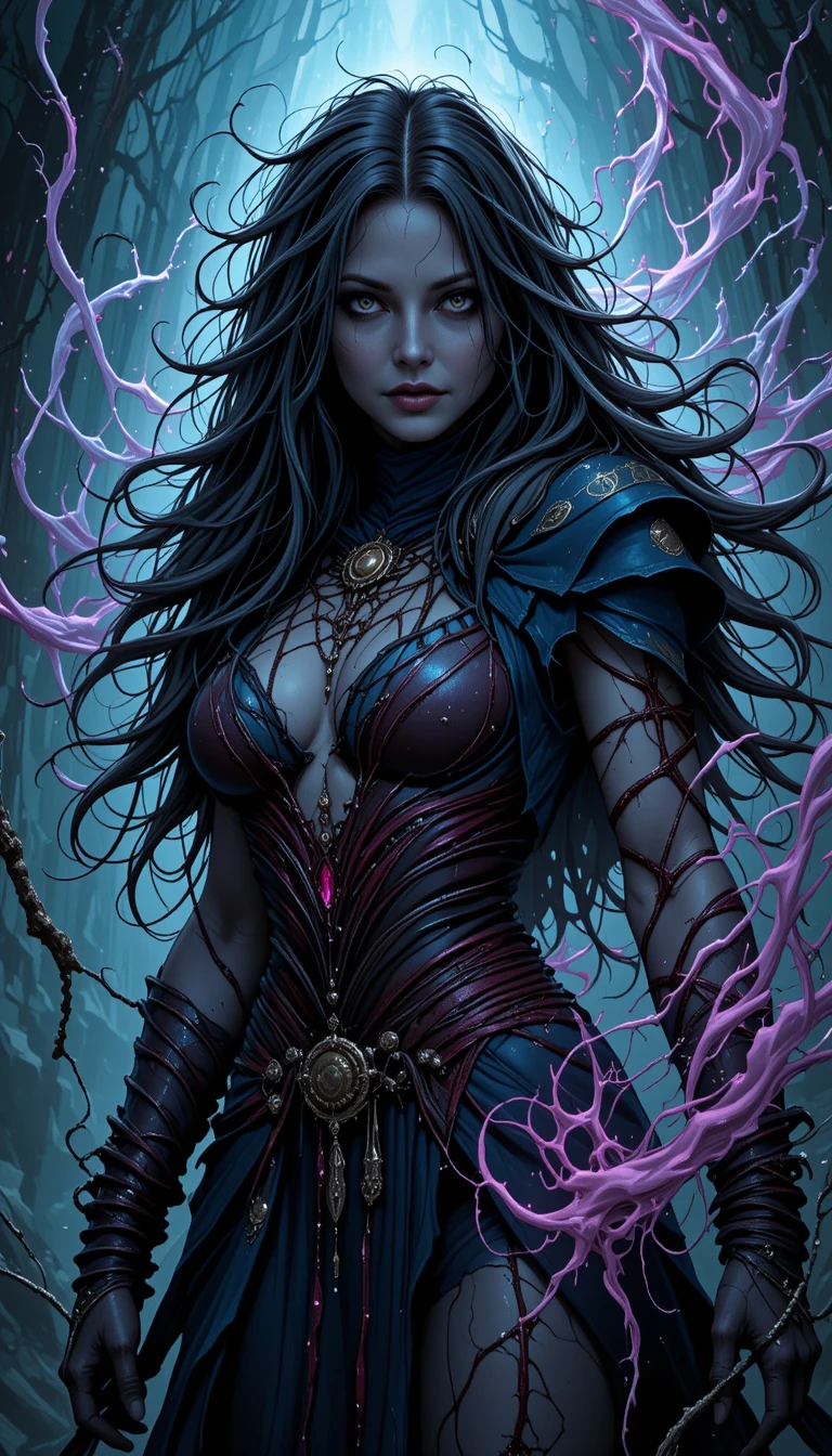 Corrupted female druid with ashen skin and pale eyes