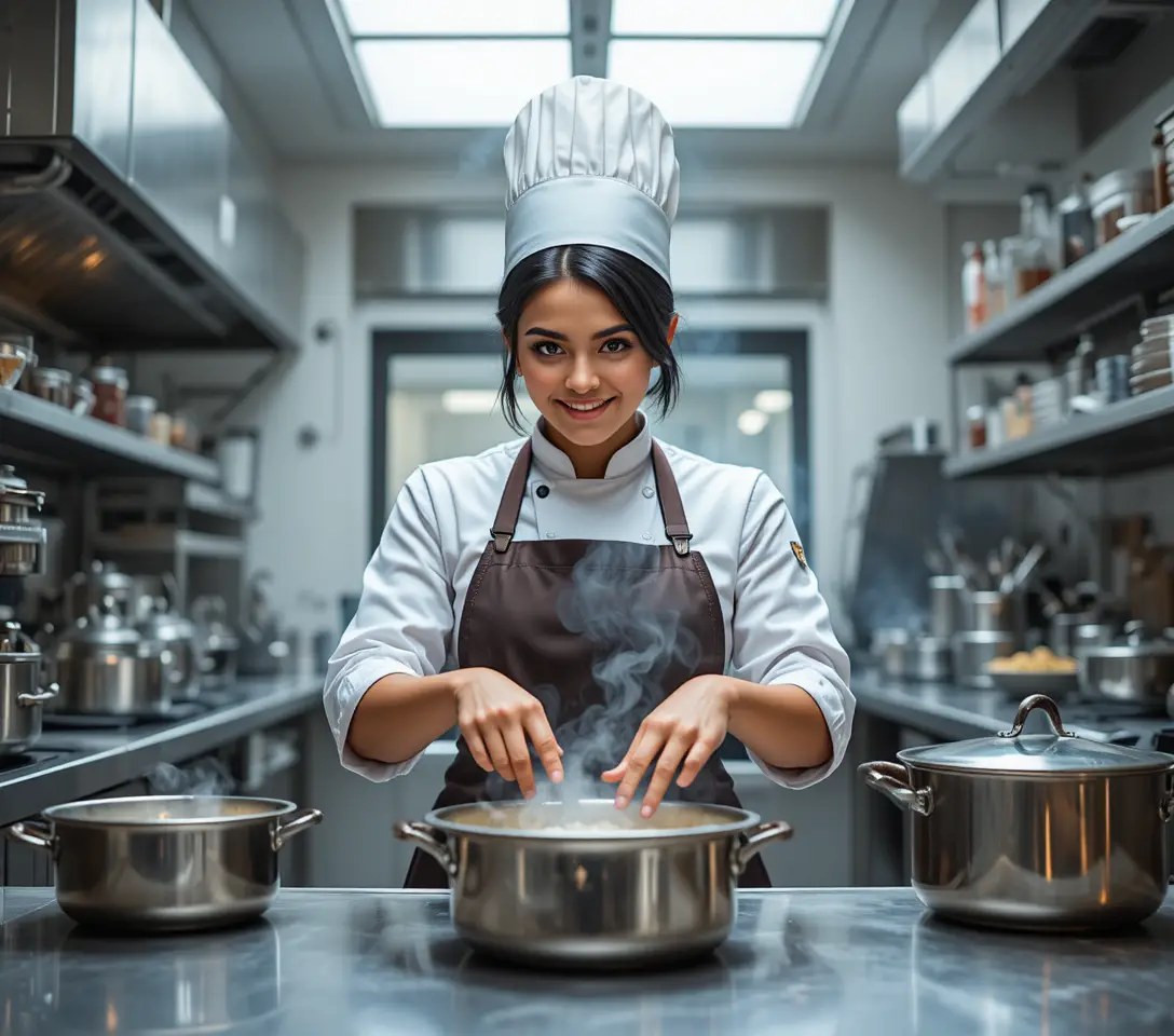 Female chef focused at work in a bright professional kitchen