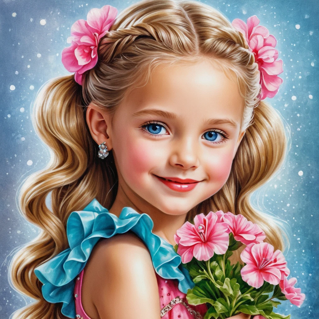 Smiling blonde girl with flowers in a spring garden