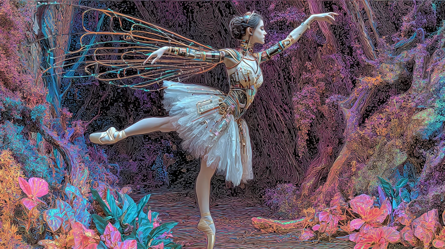 Cybernetic ballerina fairy dancing in a surreal garden