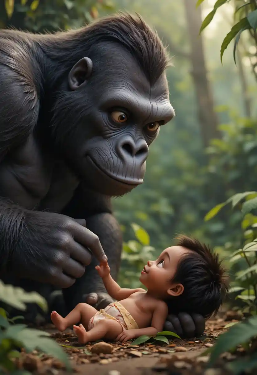 Gorilla Mother And Human Baby Meeting In A Jungle