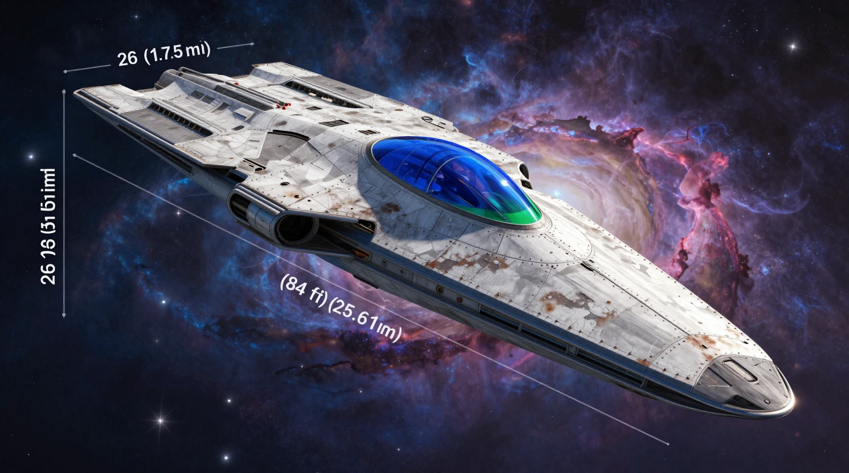 Weathered space carrier gliding through colorful outer space