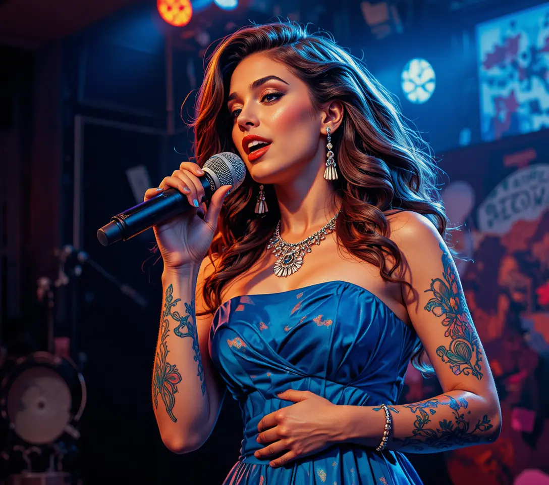 Cantante bruna in abito blu che si esibisce su un palco poco illuminato