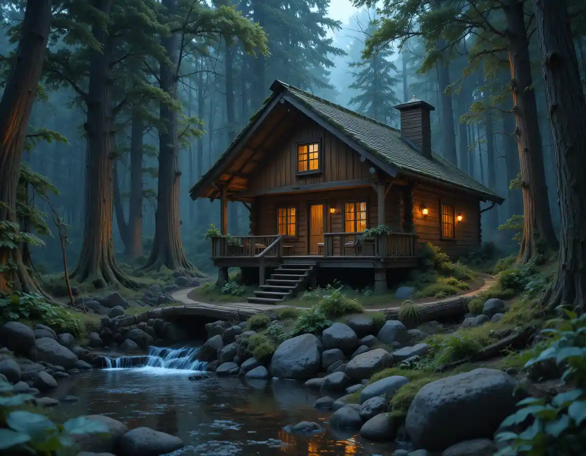 Cozy wooden cabin with warm lights in a dense forest