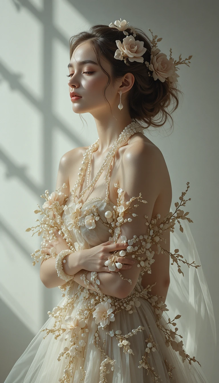 Serene woman curled in pearls and flowers under soft light