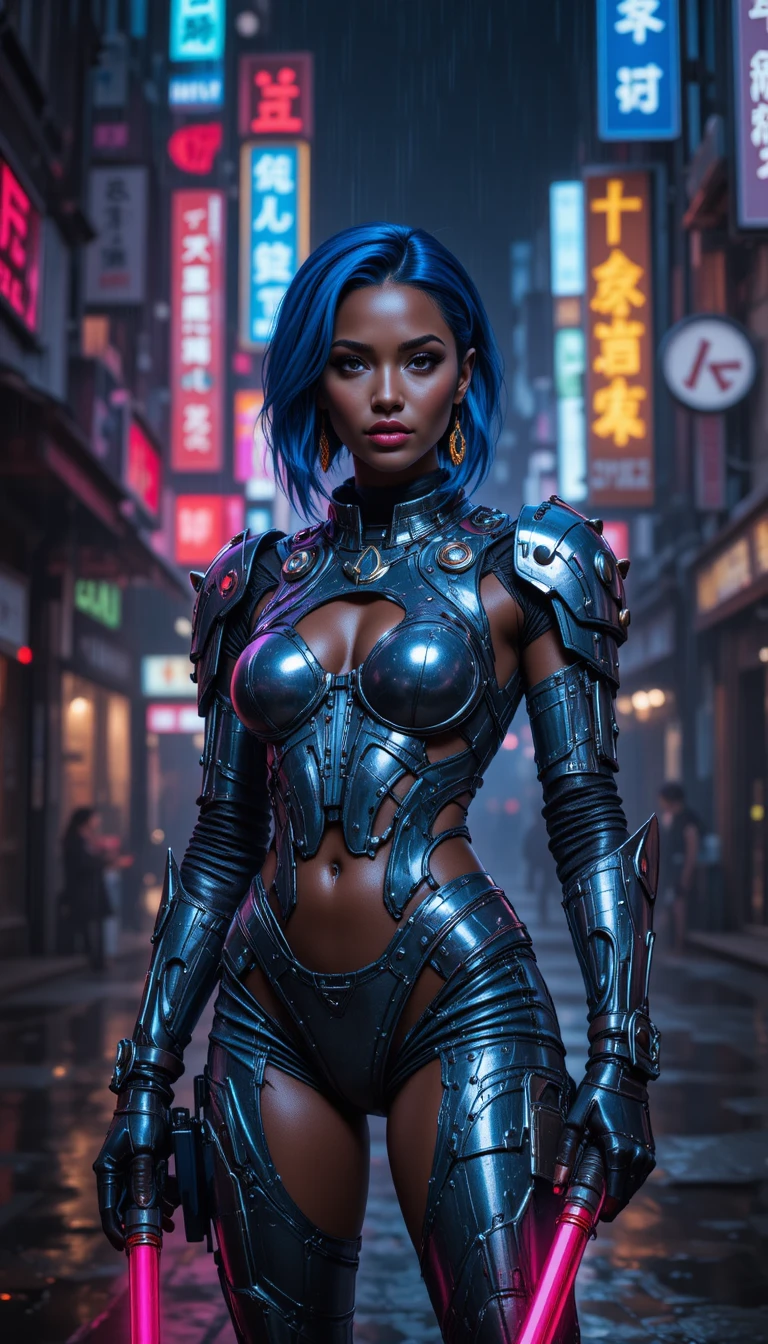 Blue haired sci fi warrior woman in neon cyberpunk city