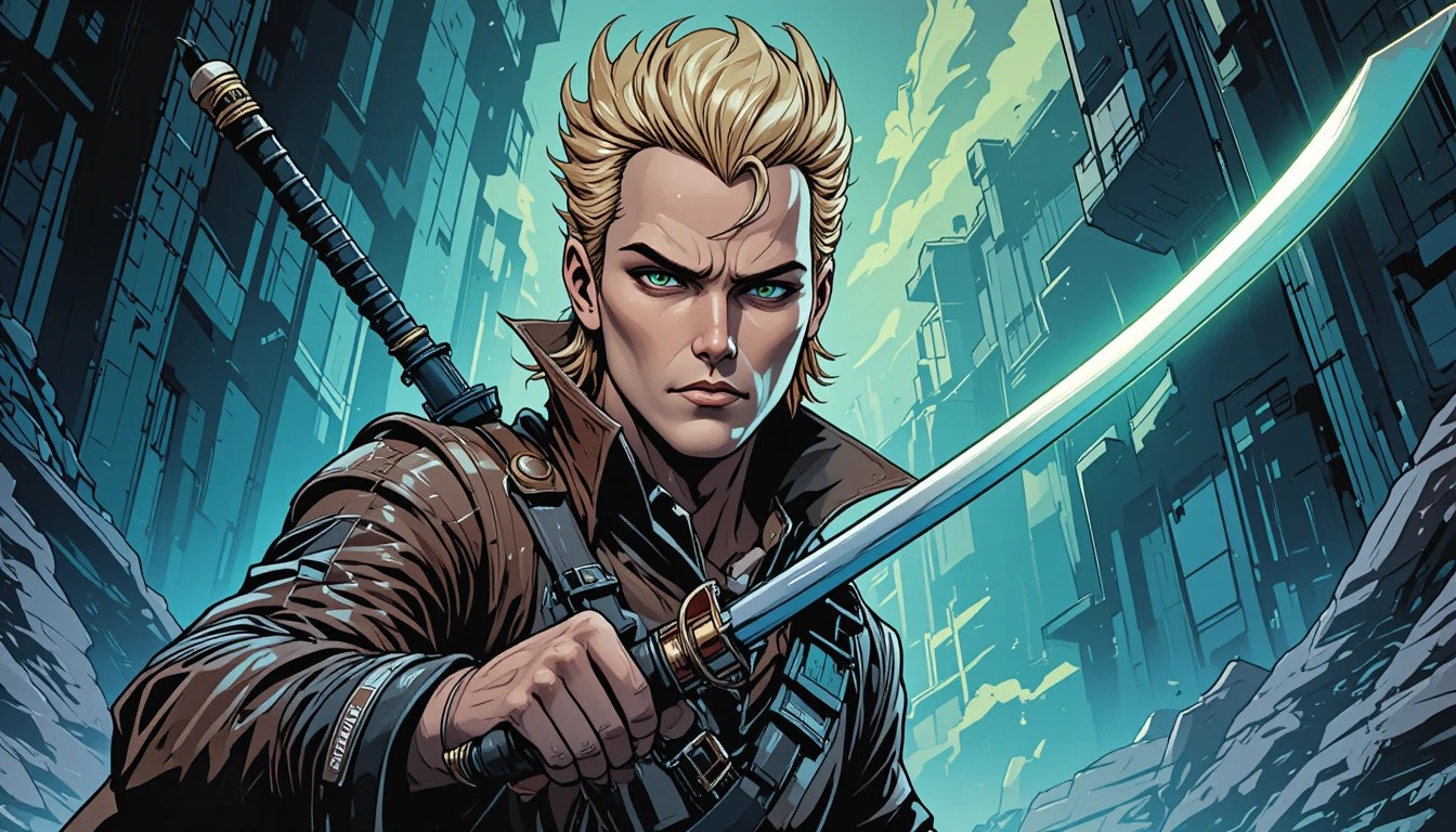 Blond space rogue with rapier in a worn leather coat
