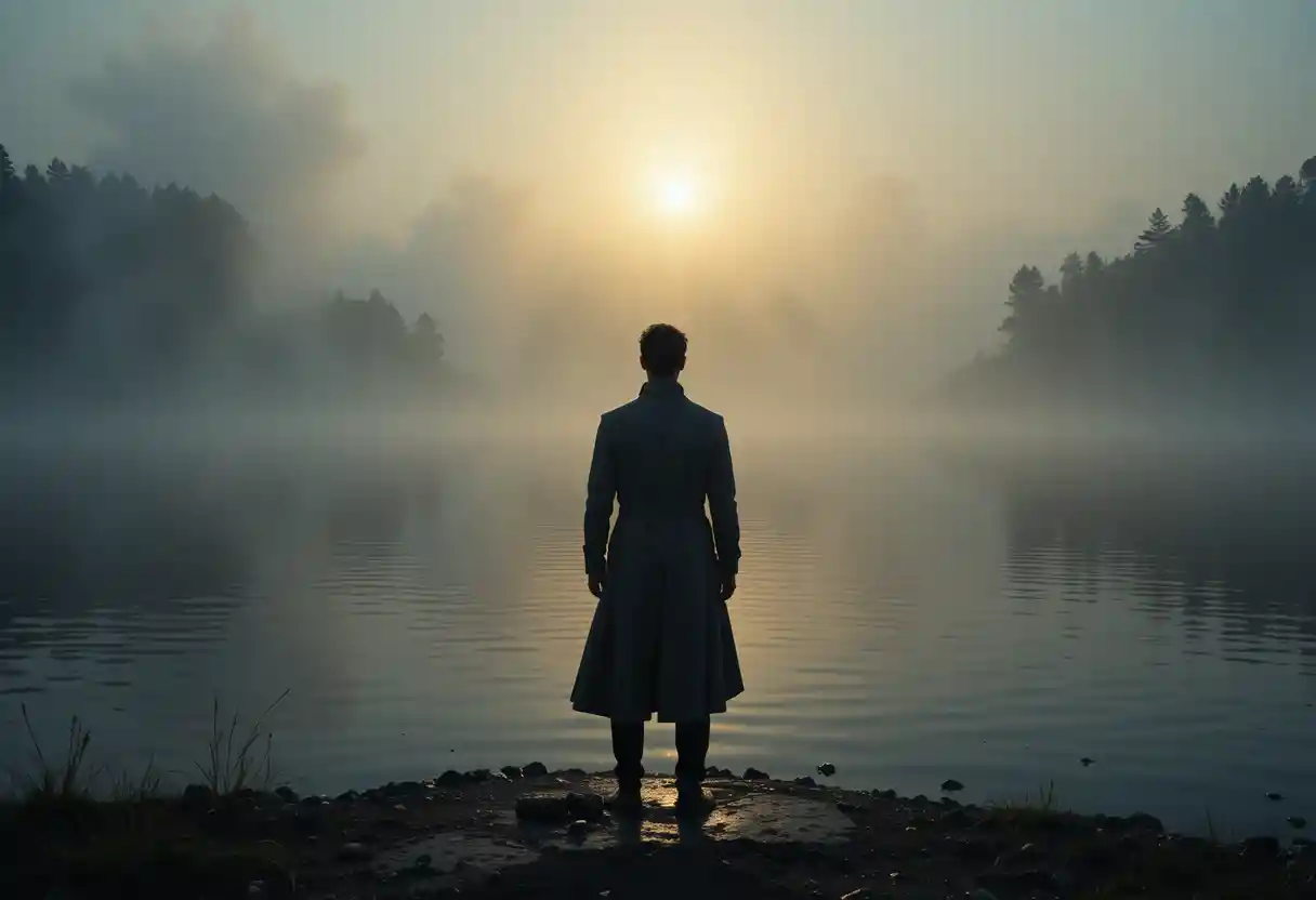 Lone figure at a misty lakeshore in soft golden dawn light