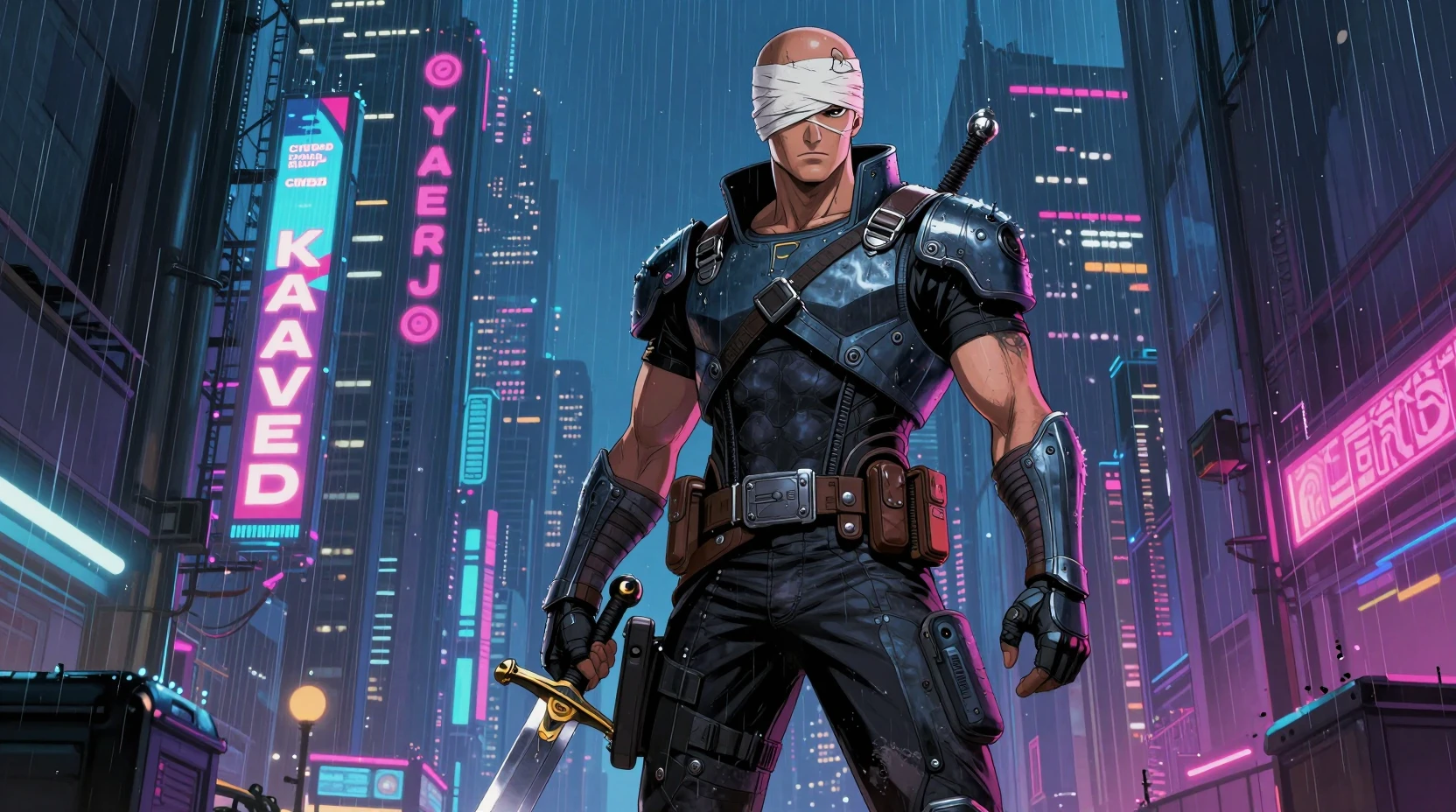 Cyberpunk warrior with sword in neon rainy city