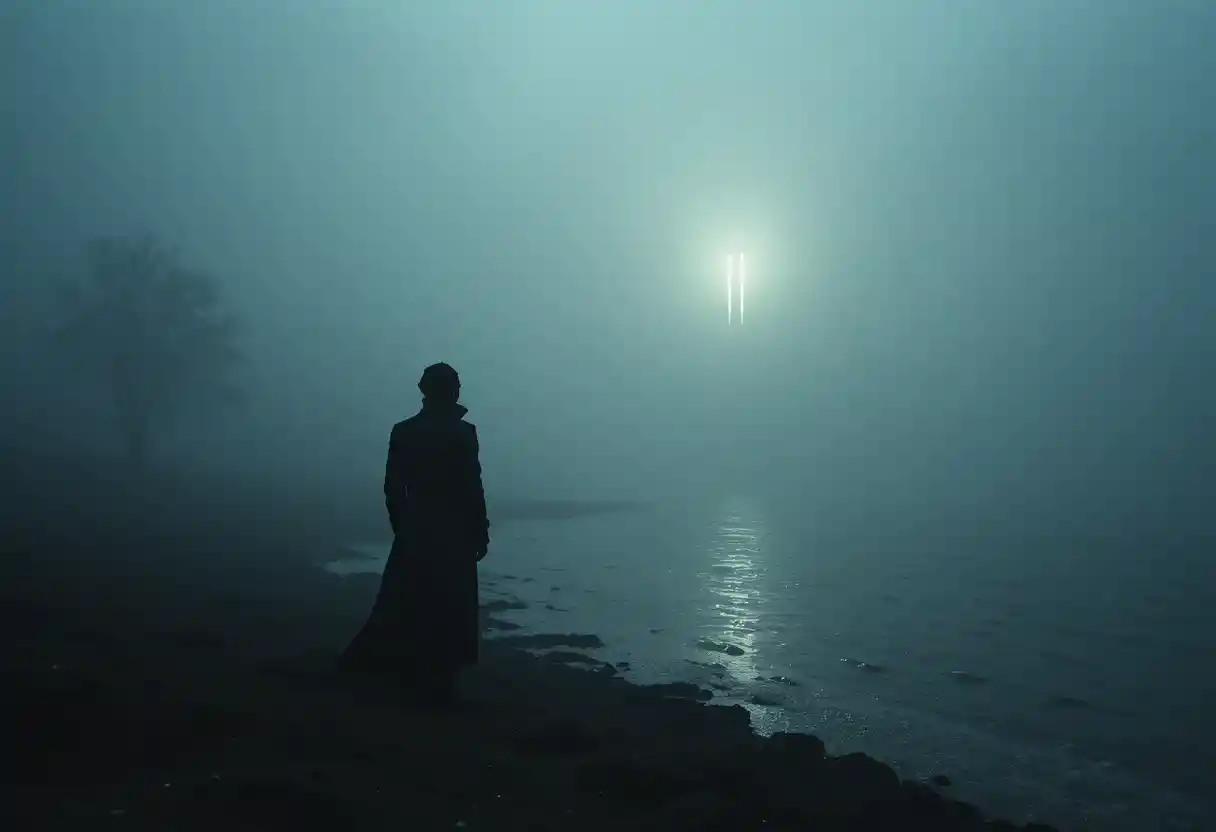 Silhouette, die am Rand eines nebligen Moors schreit