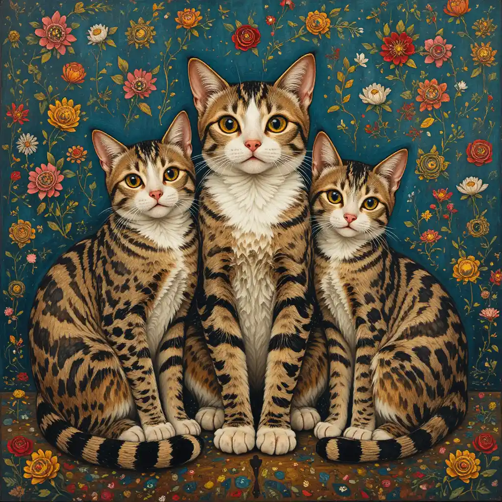 Gatos e gatinhos decorativos em um cenário marítimo surreal