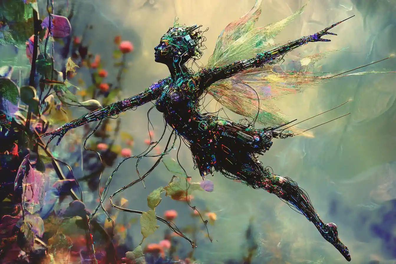 Cybernetic ballerina fairy dancing in a colorful garden