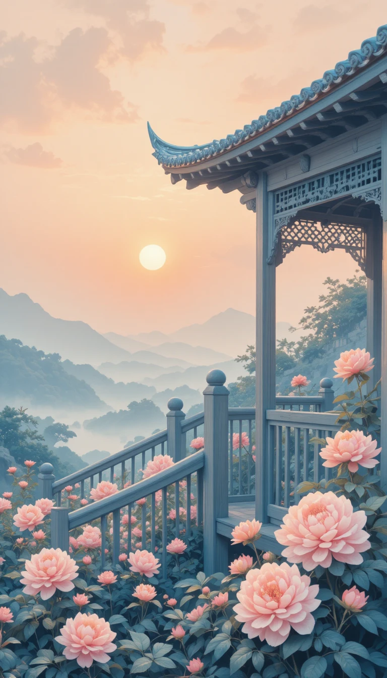 Pastel garden landscape with peonies at a quiet veranda dawn