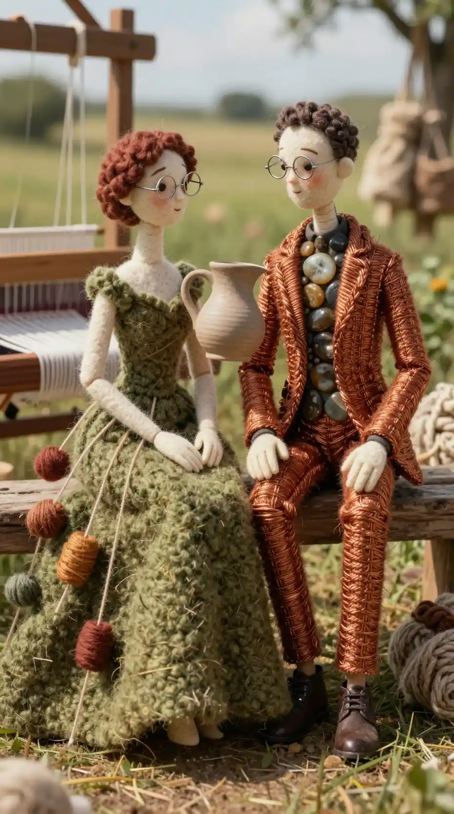 Surreal wool dolls in woven gown and copper suit outdoors