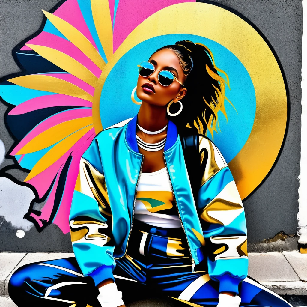 Confident street style woman in bold chalk pavement art