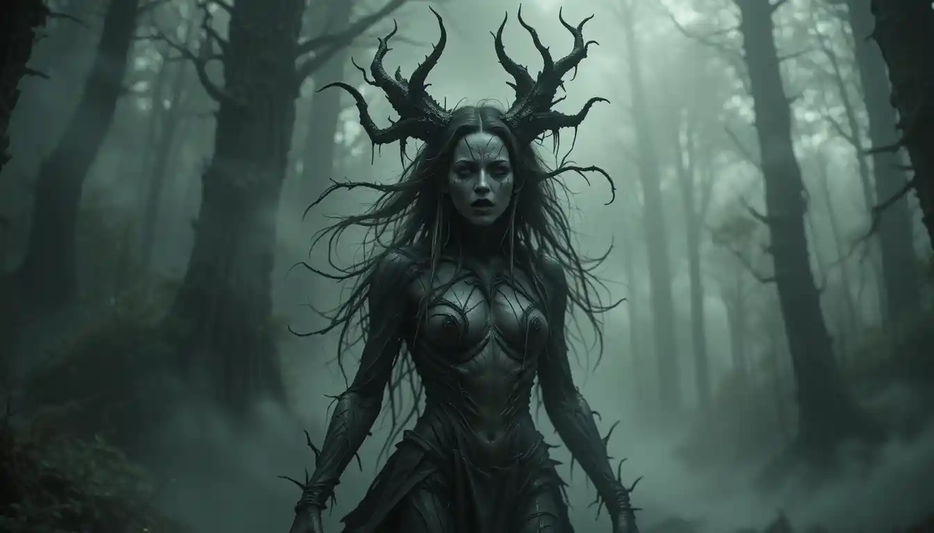 Druida femenina corrompida emergiendo de un bosque oscuro y brumoso